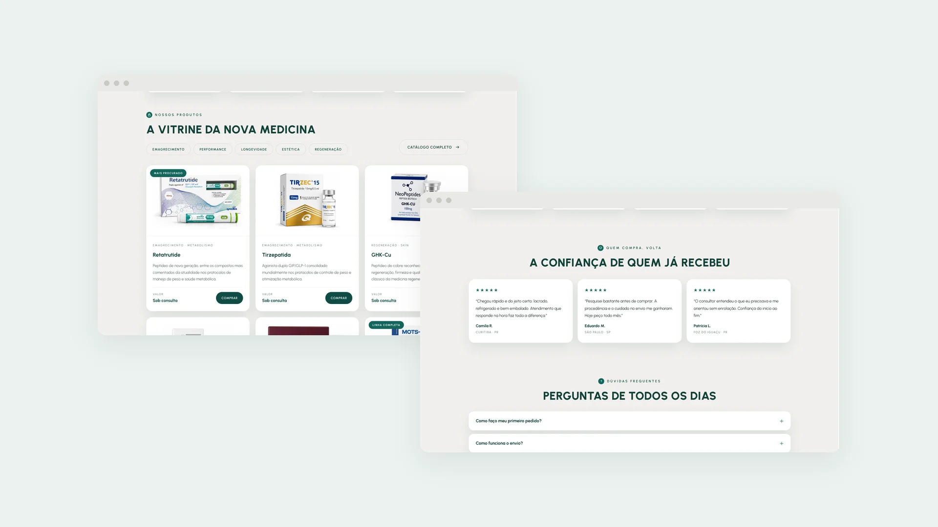 A Vbara distribui peptídeos, toxina botulínica e bioestimuladores de colágeno para quem trabalha com medicina estética e longevidade. É uma categoria em que ninguém compra por impulso e ninguém compra sem procedência: o site precisava organizar um catálogo técnico e, ao mesmo tempo, provar de onde vem cada frasco.